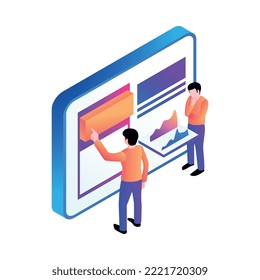 People interacting with gadget interface isometric 3d icon vector illustration
