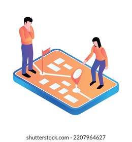 People interacting gadget interface using online service 3d isometric icon vector illustration