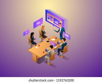 People interacting with graphs and papers while have digital meeting. Workflow and business management. 3D vector isometric illustration.