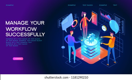 People interacting with graphs and papers. Workflow and business management. 3D vector isometric illustration.