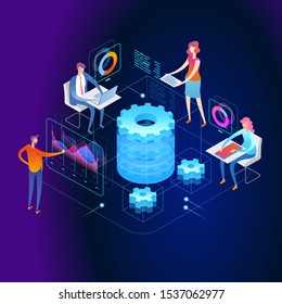 People Interacting With Graphs And Papers. Workflow And Business Management. 3D Vector Isometric Illustration.