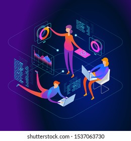 Menschen, die mit Diagrammen und Papieren interagieren. Workflow- und Unternehmensmanagement. 3D-Vektorisometrie.