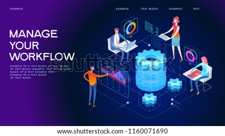 People interacting with graphs and papers. Workflow and business management. 3D vector isometric illustration.