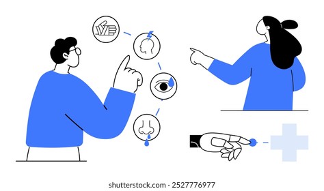 People interacting with icons representing five senses. Includes visual elements like woman pointing, man gesturing, a robotic hand, and health cross symbol. Ideal for technology, healthcare, human