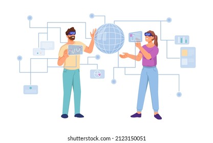 People interacting with interface of application, metaverse futuristic universe. Vector man and woman wearing headsets with VR glasses, simulators for games and networks. Flat cartoon style character