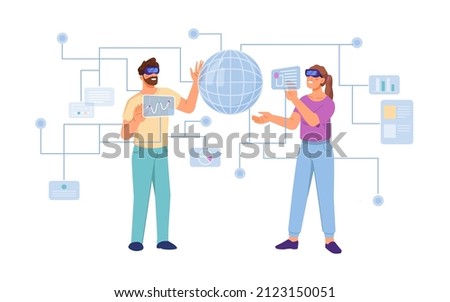 People interacting with interface of application, metaverse futuristic universe. Vector man and woman wearing headsets with VR glasses, simulators for games and networks. Flat cartoon style character