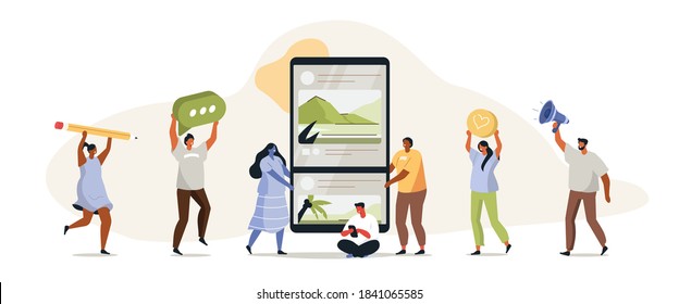 People Interacting with Social Media Mobile App. They Writing Posts, Liking Photos, Leaving Comments and Sharing with Friends. Social Media Marketing Concept. Flat Cartoon Vector Illustration. 