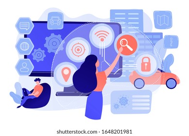 People interacting with technology. Smart, user-oriented design. Intelligent user interface, usability engineering, user experience design concept. Pinkish coral bluevector isolated illustration