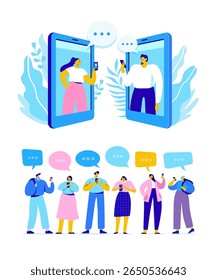 People interacting through large mobile screens in a digital space, representing remote communication and mobile connectivity with chat apps.
