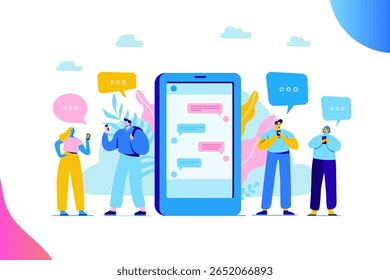 Personas que interactúan a través de Grandes pantallas móviles en un espacio digital, representando la comunicación remota y la conectividad móvil con App de chat.