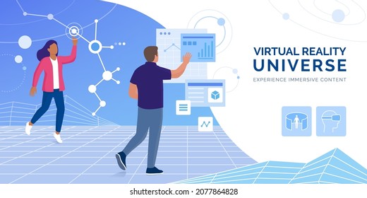 People Interacting In A Virtual Reality Universe Through Their Digital Clone: Metaverse And VR Simulation Concept