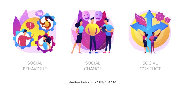 People interaction and communication metaphors. Social behaviour, change and conflict. Arguments, norms in society. Personality influence abstract concept vector illustration set.