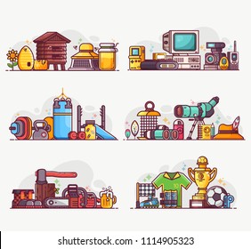 People interests and occupation equipment icons. Hobbies, professions and lifestyles concepts. Birdwatching, beekeeping, weightlifting, woodcutting and football playing spot illustrations or banners.