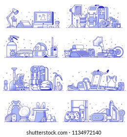 People interests and occupation equipment icons. Hobbies, professions and lifestyles concepts. Design, photography, firefighting, climbing, fitness , VR gaming and magic spot illustrations or banners.