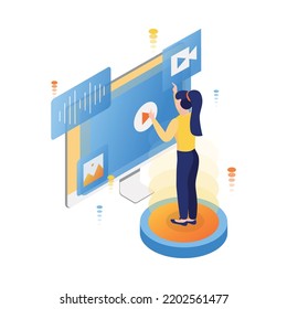 People and interface isometric icon with female user and computer screen 3d vector illustration