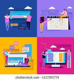 People and interfaces flat 2x2 design concept with compositions of people characters pictogram icons and gadgets vector illustration