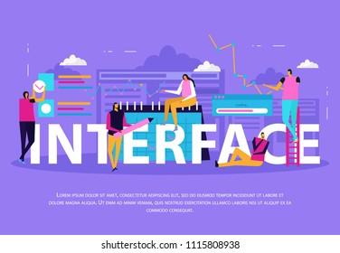People and interfaces flat background with composition of editable text human characters and computer application pictograms vector illustration