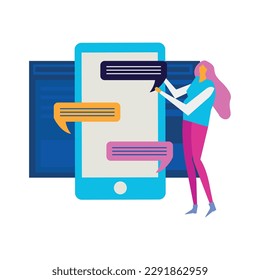 People and interfaces flat icon with female character chatting on smartphone vector illustration