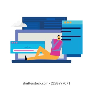People and interfaces flat icon with human character and loading page on computer screen vector illustration