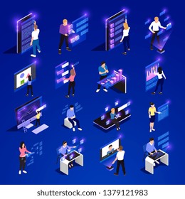 People and interfaces glow isometric icon set with cloud interfaces vr abstract smart elements vector illustration