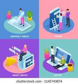 People and interfaces isometric 2x2 design concept with conceptual compositions of gadgets and little people characters vector illustration