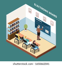 People and interfaces isometric background with teacher using electronic board in classroom to study new material vector illustration
