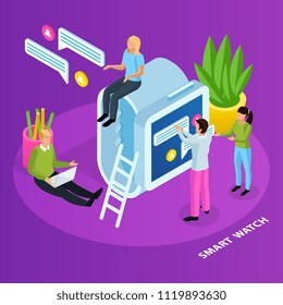 People and interfaces isometric composition with conceptual icons of smart watch message cloud pictograms with text vector illustration