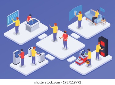 People and interfaces isometric concept with characters interactive terminals electronic gadgets at home and in public places vector illustration