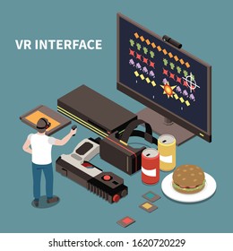 People and interfaces isometric poster with man wearing virtual reality glasses and using  controller for game vector illustration