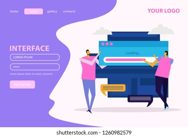 People and interfaces isometric web landing page on white violet background vector illustration