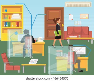 People in the interior of the building in different poses and situations. Vector illustration in a flat style.
