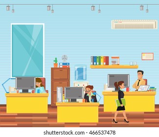 People in the interior of the building office in different poses and situations. Vector illustration in a flat style. people working in a modern office.