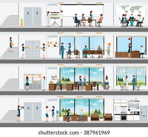 People in the interior of the building, Interior office building, office interior people, room office desk, office space, meeting room,  conference room vector illustration.