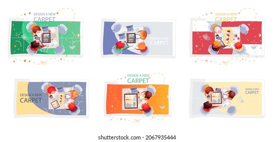 People interior designers working on design of new carpet, choosing template, meeting at table with tablet pc, select colors for interior design, commercial textile factory, team is working on rugs