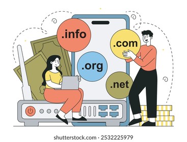 People with internet domains. Name for websites. Man and woman with laptop on large router. Wireless connection and communication. Linear vector illustration isolated on white background