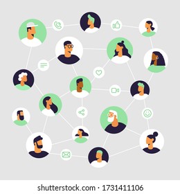 People And Internet Networks. Online Chat And Video Call Between Friends And Family. Avatars In A Circle. Social Line Icons: Call, Emoji, Message, Share, Like. Vector Illustration In Flat Design