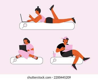 People internet surfing, search bar and students with laptop. Girls and boy using computer and searching information. Vector internet browser web illustration