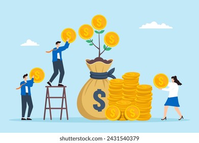 People invest coin in mutual funds, witnessing their money grow over time. Concept of investment growth, wealth management, financial profit from stock market, and savings