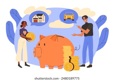 People invest in future. Man and woman near piggy bank with golden coins. Investors and traders with financial literacy. Businesspeople with passive income. Cartoon flat vector illustration