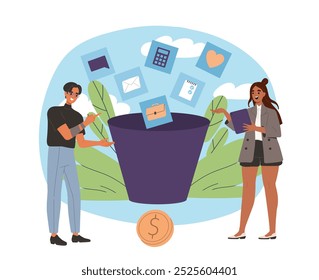 People invest money, Man and woman invest in business. Trading and economics. Success and profit. Entrepreneur and investor. Flat vector illustration isolated on white background