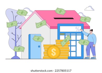 People invest money in real estate property. House loan, rent and mortgage concept. Outline design style minimal vector illustration for landing page, web banner, hero images.
