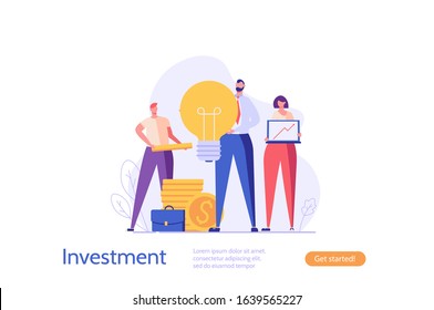 People invest money. Success team standing with business creative idea, money. Concept of bisiness idea, return on investment, financial solutions. Vector illustration in flat design for UI, app