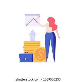 People invest money. Woman managing financial chart. Concept of ROI, return on investment, financial solutions. Vector illustration in flat design for UI, web banner, mobile app