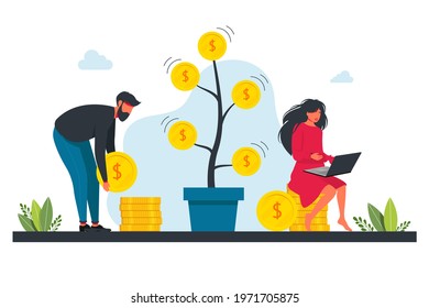 People invest in stock market, income money, rising rate, profit, young generation. Investment, money, finance concept. Income concept. Young man and woman with money. Two characters holding huge coin