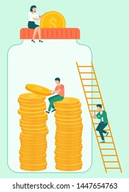 People investing in business vector, isolated jar container with money glass with dollars coins, man woman with financial assets. Person sitting on ladder. New investors