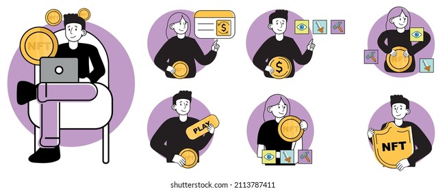 people investing in Crypto art, game, video. Online gallery nft art. Internet marketplace and blockchain technology. Modern flat cartoon style. vector illustration