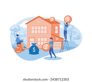 People investing money in property. Mortgage loan, ownership and savings. Home is like a piggy bank. Real estate investment, house purchase. flat vector modern illustration 