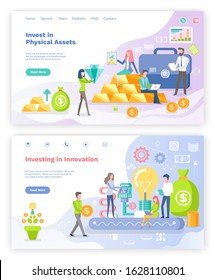 People investing in physical assets vector, investors with money on innovation. Bulb mechanism and businessman with bag of dollars set. Website or webpage template, landing page flat style