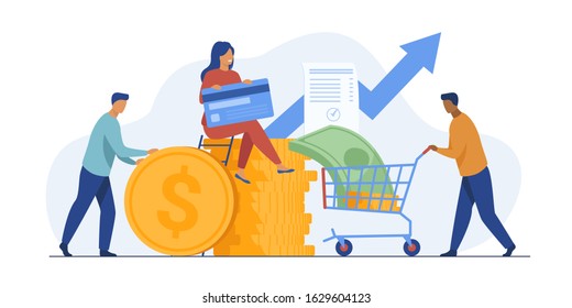 People investing their money in venture fund vector illustration. Business people financing high potential company innovation. Money transaction with credit card