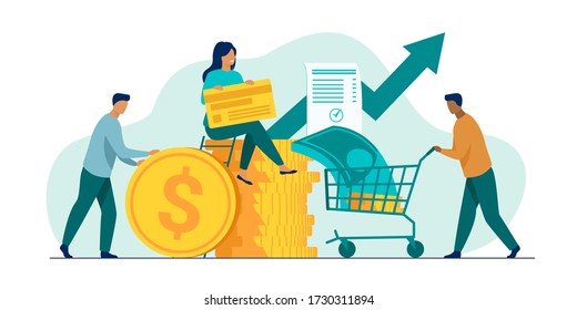 People investing their money in venture fund vector illustration. Business people financing high potential company innovation. Money transaction with credit card